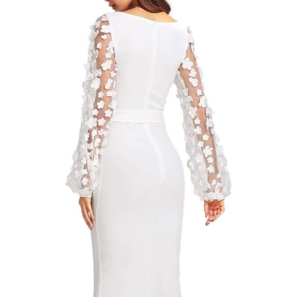 White mesh dress with flowers on sleeves - Picture 4 of 4
